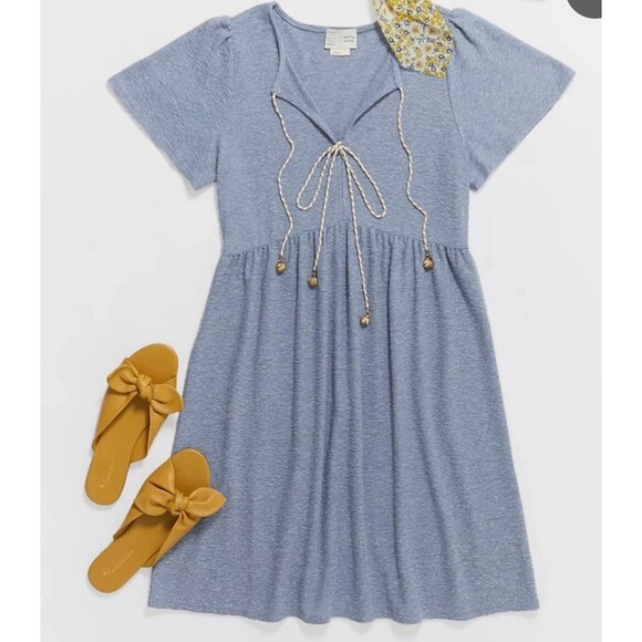 Anthropologie Saturday Sunday Karisa Front Tie Bead Charm Baby Doll Mini Dress M - Picture 2 of 10